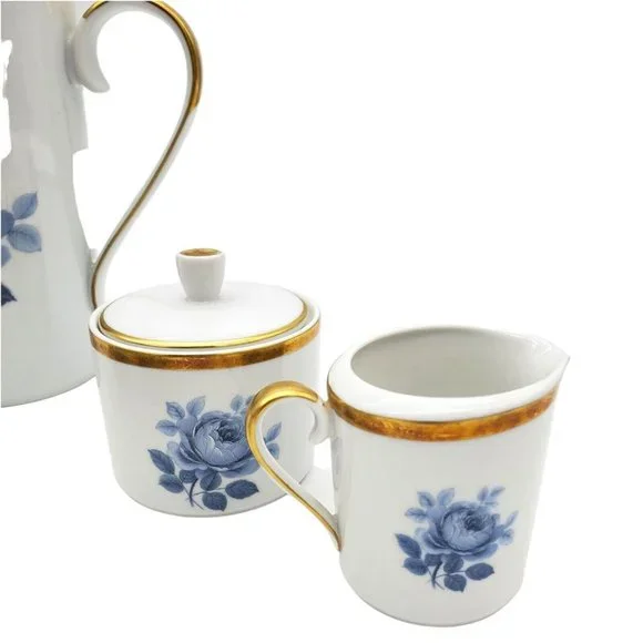 1940s Hackefors Porslin Sweden Coffee‎ Pot Teapot Set Demitasse Blue Floral Gold